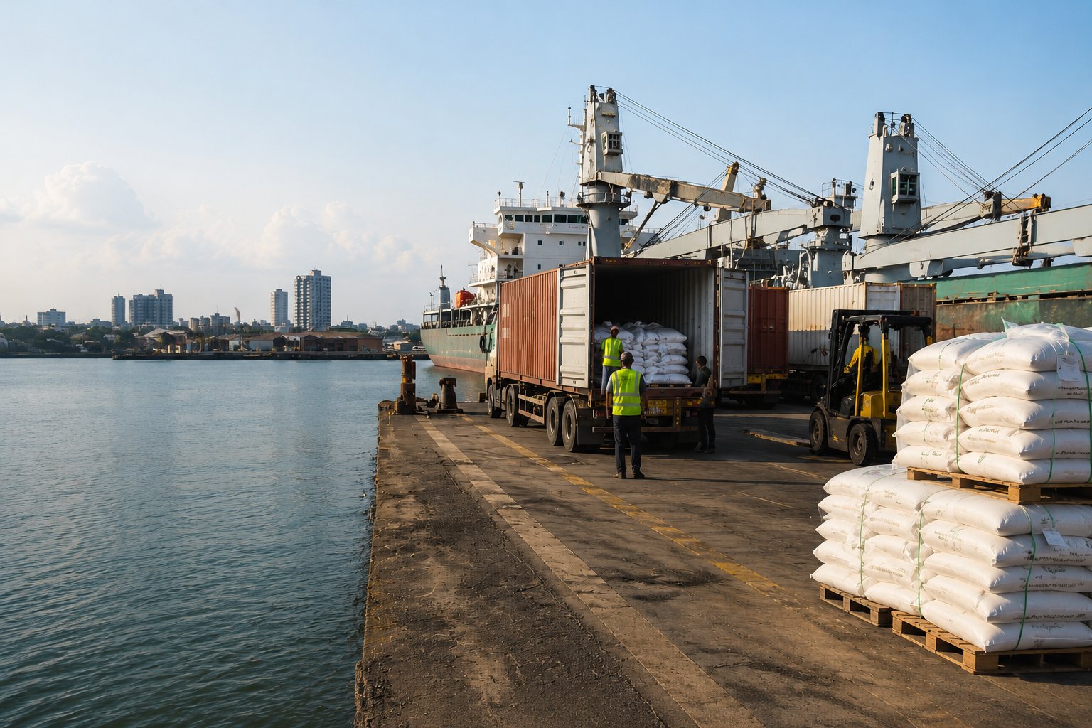 Workers loading sacks of goods into a shipping container at a port, with a cargo ship and cranes behind
