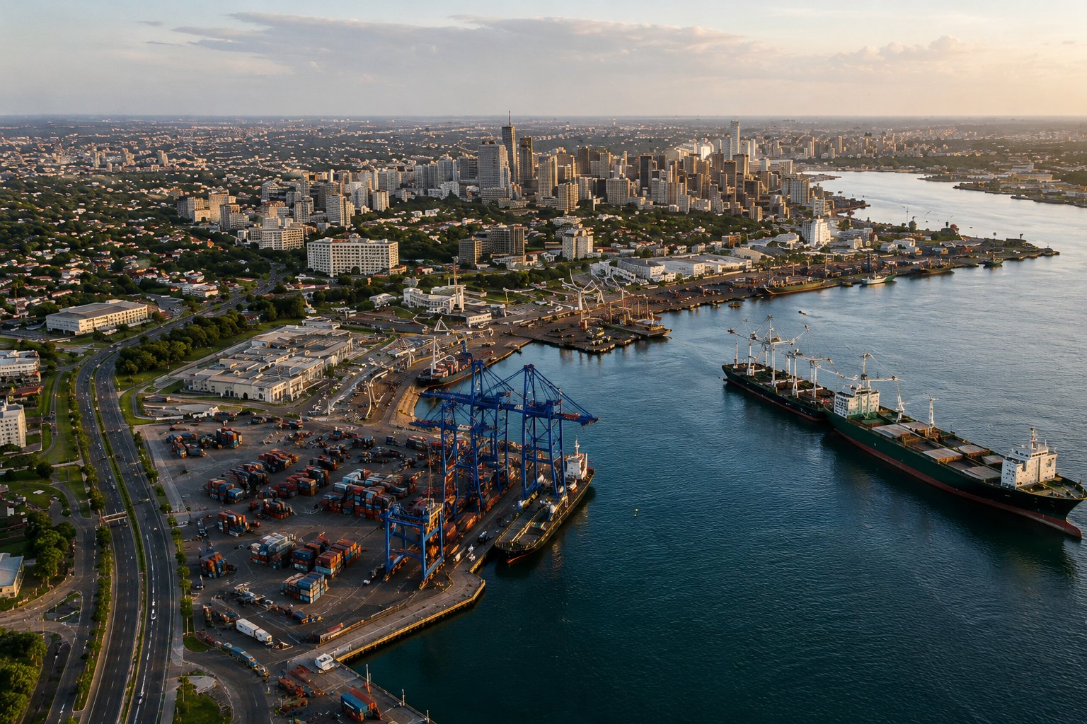 Aerial view of Abidjan showing the city skyline, lagoon, and port with cranes and cargo ships