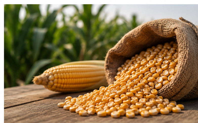 Corn cob beside a burlap sack spilling dried maize kernels