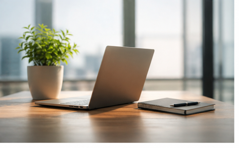 Laptop, notebook, and pen on a desk with a small plant