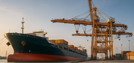 Container ship being loaded at port by gantry cranes